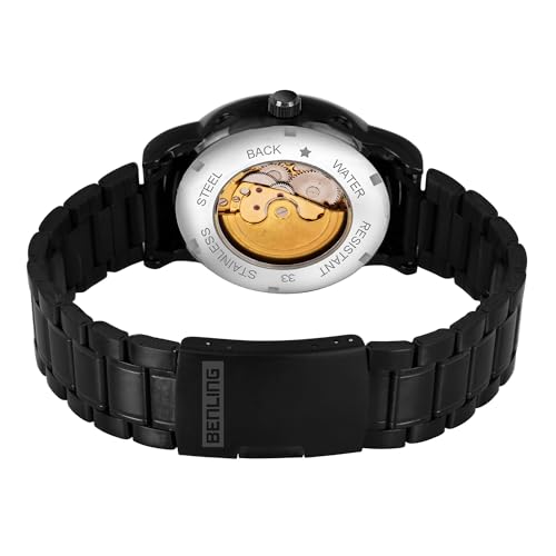 Image of Benling Men's Skeleton Automatic Analog Watch Combo | Open Gear Dial | Leather and Stainless Steel Chain Strap | Luxury Mechanical Movement | Casual & Formal Wear Stylish Wrist Watch for Men