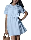 Shiyifa Womens Babydoll Lace Patchwork Dresses Summer Short Sleeve Ruffle Sundress Loose Crew Neck A-Line Dresses(Blue-M)