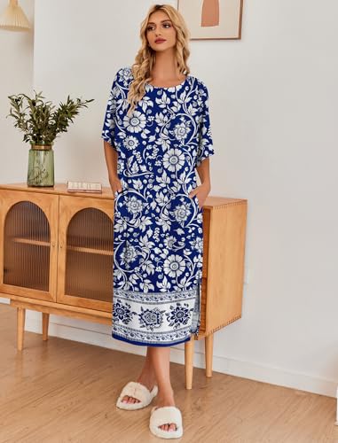 Image of Ekouaer Women's Nightgown Short Sleeve Sleepshirt Long Loungewear Casual Maxi Lounge Dress House Dresses with Pockets