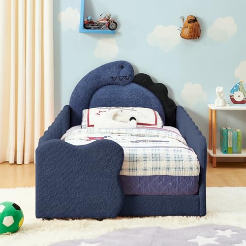 Image of Twin Size Kids Floor Bed Frame, Upholstered Montessori Platform Bed Cute Dinosaur-Shaped Daybed Frame for Girls Boys, No Box Spring Required, Blue