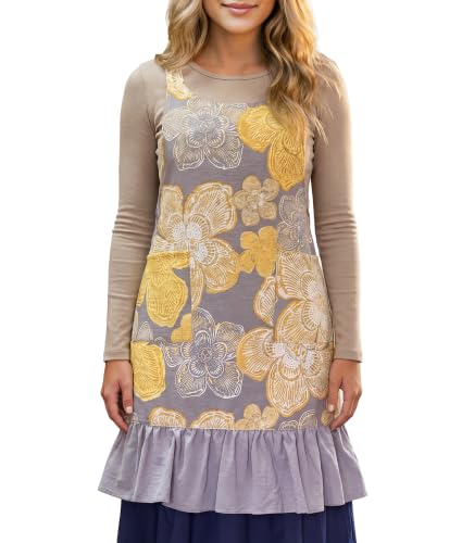 Image of ArtexDomus Vintage Aprons for Women with Pockets Cute Pinafore Apron Dress for Kitchen Cooking Baking Gardening (Floral Yellow)