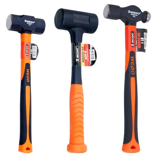 WEDO 3pc Hammer Set - 1lb Ball Peen, 1.5lb Dead Blow, 3lb Sledge, Rubber Mallet & Fiberglass Handle