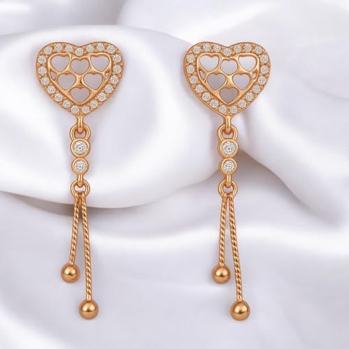 Image of Nilus Collection Rose Gold Plated Heart Design Dangling Earrings with American Diamond Stones For Women And Girls | Gift For Her | Rose gold wedding gift |Romantic gift for women