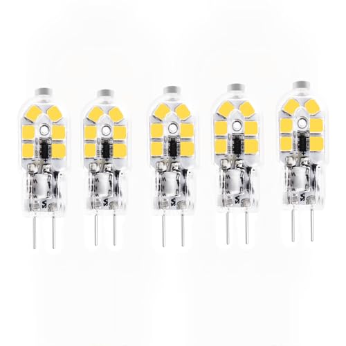 5-Pack 12V G4 LED Light Bulb AC/DC 12V JC G4 Bi Pin Bulb, Type GU4 GZ4 G4 Base10W-20W T3 Halogen Track Bulb Not Dimmable (Not 220V-240V) No Flicker (3000K Warm White)