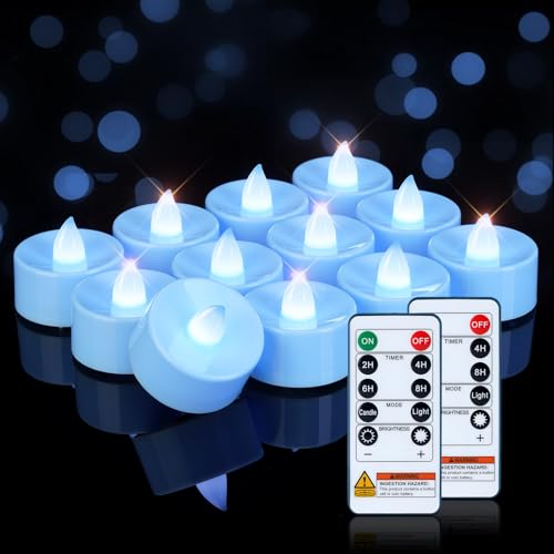 Image of Homemory 24-Pack Light Blue Remote LED Battery Tea Light Candles, 400+ Hrs | 2 /4 /6 /8H Timer Flameless Flickering Tealight Votives for Weddings /Baby Showers