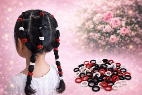 Image of Frescorr (100 pcs) Baby Hair Ties | Soft No-Damage Premium Elastic Mini Rubber Bands for girls | Strong Stretch Ponytail Holders | Daily Use Hair Accessories | (white-Red-Black)