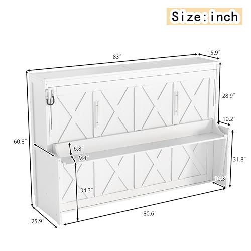 Image of KEIKI Full Size Horizontal Cabinet Murphy Bed with Desk, Solid Slats, White