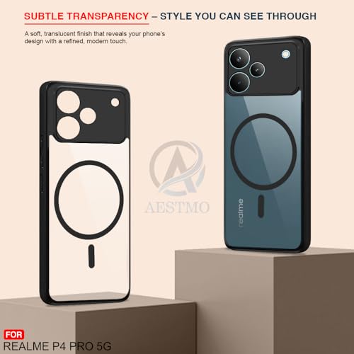 Image of AESTMO Realme P4 Pro 5G Back Cover | 360 Protection | Crystal Clear Hard Back Transparent | Compatible with MagSafe Accessories (PC+TPU, Black Bumper)