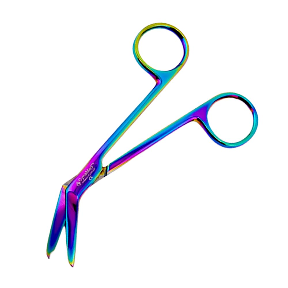 Cynamed Suture Stitch Scissors with Multicolor/Rainbow Titanium Coating (Angled Hook)