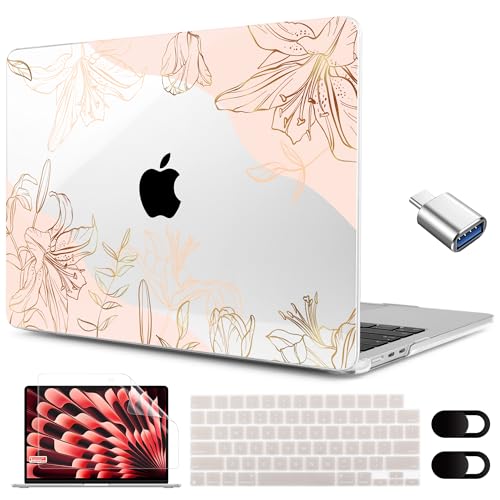 Image of MEEgoodo for M5 /M4 /M3 /M2 MacBook Air 15 inch Case 2026 2025 2024 2023, Case Fit Model (A3448 /A3241 /A3114 /A2941) for MacBook Air 15.3 inch, Gold Flowers Lilies