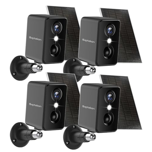Septekon 2K Security Cameras Wireless Outdoor 4 Pack, Solar Battery Powered Camera with Two Spotlights, PIR Motion Detection Siren, Color Night Vision, 2-Way Audio, IP66 Waterpoof