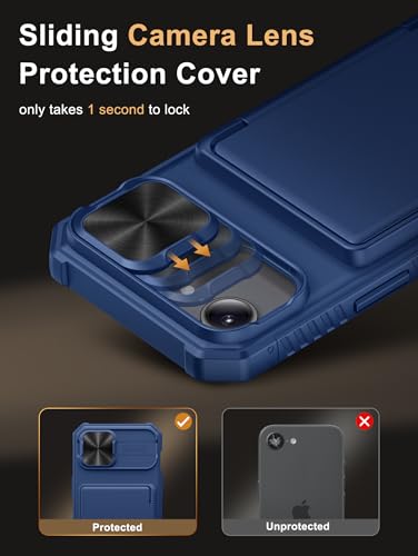 Image of Vihibii for iPhone 17e /16e Back Cover Wallet with Card Holder (4 Cards) [RFID Blocking] & Slide Camera Cover, Military Grade Drop Protection, Rugged Back & Silicone Edge Case for 17e /16e 6.1 inch, Blue