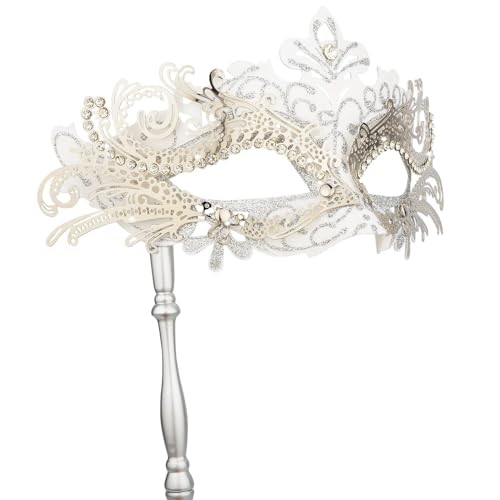 Hoshin Masquerade Mask with Stick Mardi Gras Deecorations Venetian Masks for Womens (White)
