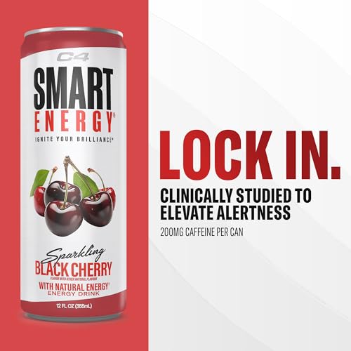 Cellucor C4 Smart Energy Drink – Boost Focus and Energy with Zero Sugar, Natural Energy, and Nootropics - 200mg Caffeine - Black Cherry - 12 FL OZ (355 ml) - Pack of 12