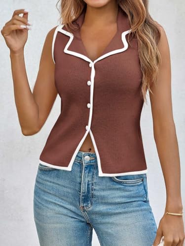 Saodimallsu Womens Sleeveless Sweater Vest Button Color Block Sexy V Neck Collared Summer Knit Tank Tops4