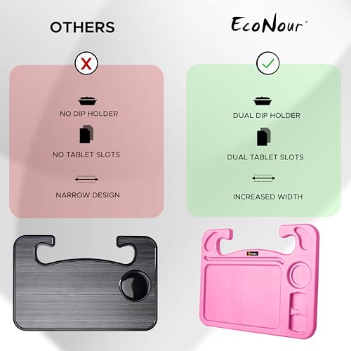 Image of EcoNour 4 in 1 Car Steering Wheel Tray - 2024 Upgraded Pink Tray with Dual Sauce Dip Holder and Tablet Holder | Spacious Steering Wheel Desk for Food and Laptop | Car Accessories (Large)