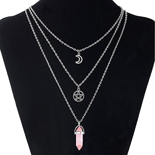 Moon Pentagram Gemstone Necklace Natural Healing Crystal Point Gothic Pendant Necklace for Chakra Balancing Multi layer Necklace Jewelry for Women Girl Valentine's Day Mothers Day Gifts
