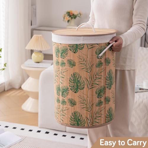 Image of HOKIPO Eco-Friendly Foldable Bamboo Laundry Basket Hamper with Lid, Large, 48 Litre, Tropical Leaves (AR-5750)