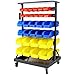 6-Tier Dual-Sided Rolling Storage Rack with 60 Bins, Heavy Duty Steel Organizer Shelf with Locking Casters, 350 lbs Capacity for Garage, Workshop & Hardware Tools (6-Tiers)
