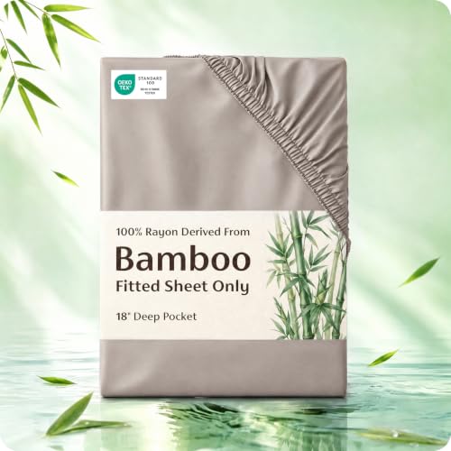 Image of Bedsure PureWoven Full Size Fitted Sheet, 100% Rayon Derived from Bamboo | Cooling Bottom Sheet for Hot Sleepers, Breathable & Soft, Deep Pocket Up to 18 inch, Secure Elastic Corner Straps, Simply Taupe