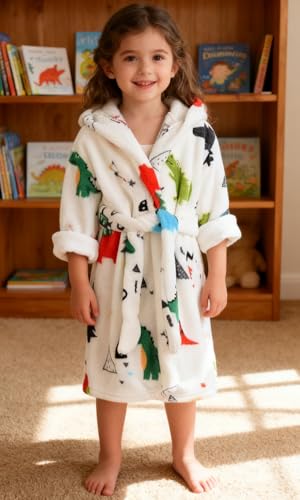 Image of Boys Girls Bathrobes,Toddler Boy Girl Robes,Children's Plush Soft Coral Fleece Hooded Pajamas Sleepwear for Kids