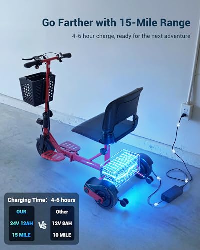 Image of 3 Wheel Electric Scooter for Adults - Powered Mobility Scooter Foldable, Portable, Travel Friendly, 330 LB Capacity Scooter for Seniors,15 Mile Range, Adjustable Seat, Handle & Headlight, Red