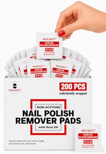 Nail Polish Remover Pads 100% Non Acetone - 200 Pack of Individually Wrapped Bulk Set Gel Nail...