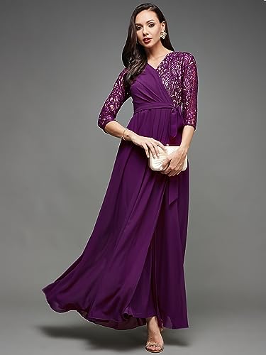 Image of Miss Chase Women's V-Neck Three-Quarter Sleeve Self-Designed Wrap Maxi Georgette Dress
