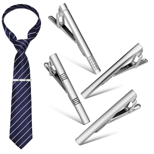 PACKOVE 4Pcs Tie Clips for Men Classic Silver Tie Bar Set Pinch Clips Necktie Clips for Business Wedding Graduation Daily Use, Boyfriend Husband Father Dad