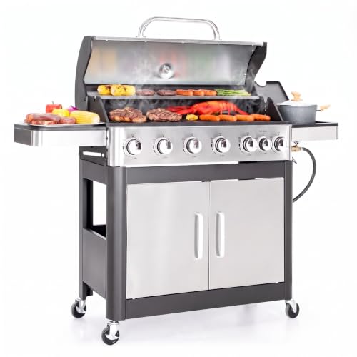 Image of Captiva Designs 6 Burners Propane Gas BBQ Grill with Side Burner | Stainless Steel grill with Porcelain-Enameled Cast Iron Grate for Outdoor Kitchen & Backyard Barbecue, 665SQ.IN. Cooking Area