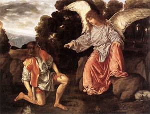 Peinture à l'huile Tobias and The Angel Savoldo, cadeau d'art d'exception 20x24 pouces