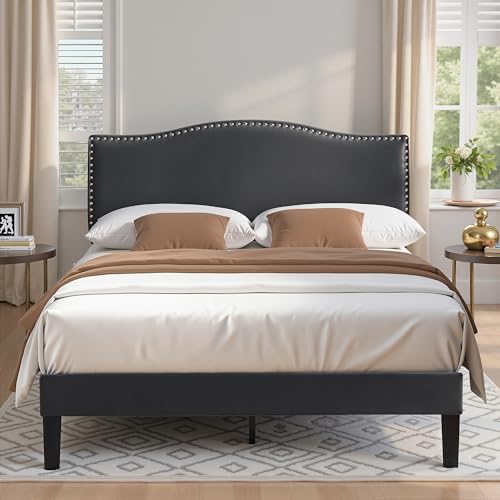 VECELO Lit Double Rembourré 140x190 cm, Cadre Solide et Support à Lattes en Bois, Forte capacité de Poids, Antidérapant et sans Bruit, Tissu Velours, Assemblage Facile, Gris