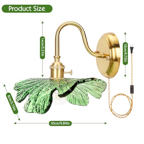 Image of Green Sconce Plug in Wall Sconces Vintage Wall Lamp with Green Glass Shade - Plug in or Hardwired Brass Finish Light Fixture for Bedroom, Living Room, Bathroom Lighting
