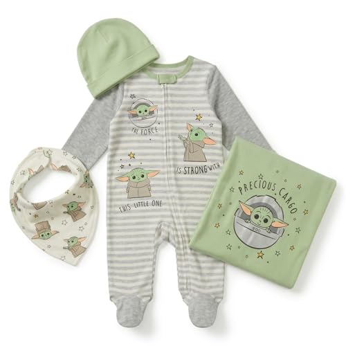 Image of STAR WARS The Mandalorian The Child Zip Up Sleep N' Play Coverall Bib Blanket and Hat 4 Piece Outfit Set Newborn