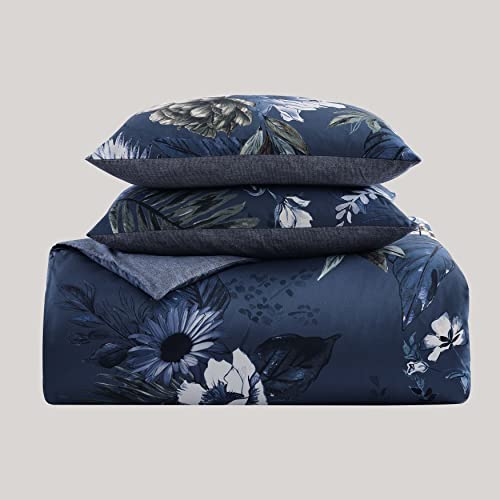 Bebejan Delphine 100% Cotton Sateen 5 Piece Comforter Set, 230 Thread Count, Reversible, Polyfill, Navy Blue Floral Printed Pattern, 1 Comforter, 2 Shams, 2 Pillows (Navy Blue, King/Cal King) #TOP6