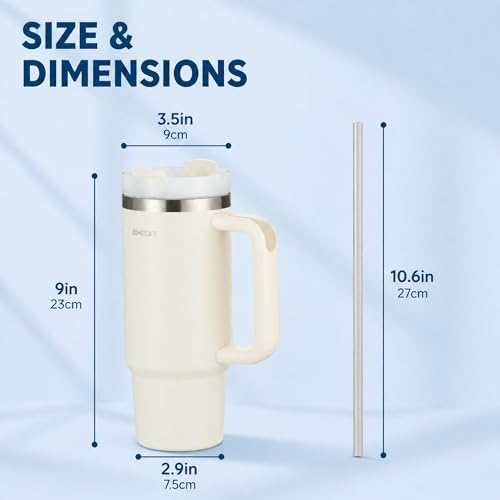 Image of AXEON Stainless Steel Tumbler with Handle & Straw - 900ml | Double Wall, Reusable & Leak-Proof Stanley Sipper | Travel Coffee & Cold Drink Cup for Gym, Office & Travel, Cream Colour