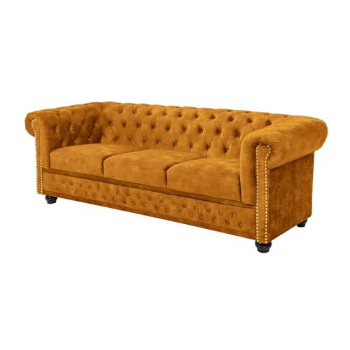 Riess Ambiente Barock Sofa Chesterfield 205cm - senfgelb - Samt Federkern Knopfheftung 3-Sitzer-Couch Wohnzimmer Retro