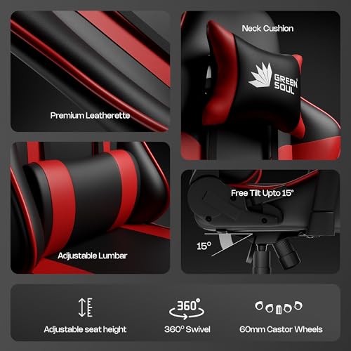 Image of Green Soul Raptor 2.0 Racing Edition Ergonomic Gaming Chair with Premium PU Leather, Adjustable Neck & Lumbar Pillow, 3D Adjustable Armrests & Heavy Duty Nylon Base (Black & Red)