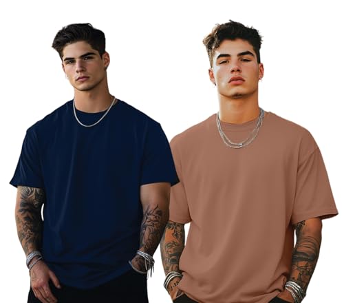 Image of Veirdo Solid Oversized 100% Pure Cotton Combo T-Shirt for Men & Boys (Half Sleeves, Round Neck, Drop Shoulder, Baggy Fit, Pack of 2, Available in S to 2XL