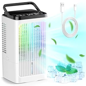 Klimaanlage mobil Luftkühler- Mobiles Klimageräte 1500ml Persönlich Ventilator mit 4 Windgeschwindigkeiten Wassertank 7 Farben Licht 2 Sprühfunktion, 1-8H Timer, für Schlafzimmer Büro