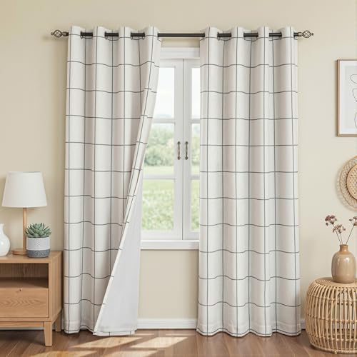 Image of MYSKY HOME 100% Blackout Plaid Linen Curtains 90 Inches Long 2 Panels Set Double Layer Farmhouse Thermal Insulated Checkered Patterned Grommet Drapes for Living Room, 2 Pcs, 52 inch Wide, Deep Grey