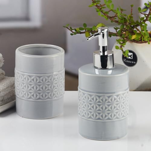 Image of Kookee Ceramic Bathroom Set - Stylish 2 Piece Bath Accessories Kit with Soap Dispenser, Toothbrush Holder - Modern & Designer Decor for Home & Guest Bathrooms, Grey (11110)
