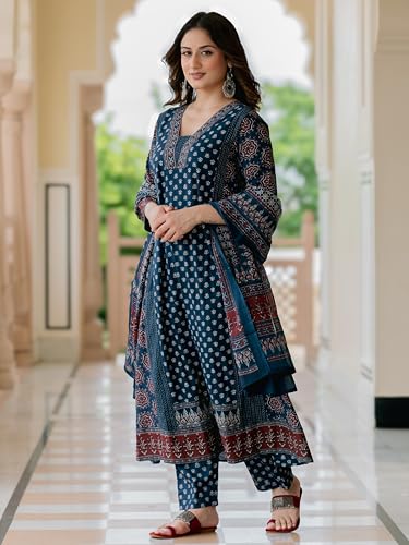 Image of Arayna Women's 100% Pure Cotton Printed Ethnic Suit | A-Line Kurta Set with Pant & Dupatta