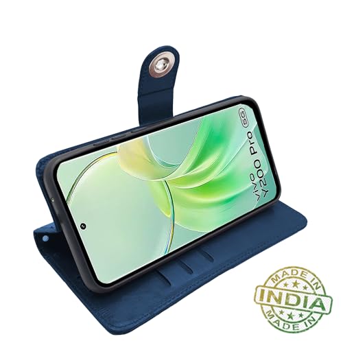 Image of Pikkme Vivo Y200 Pro 5G Flip Cover Leather Finish | Inside TPU with Card Pockets | Wallet Stand and Shock Proof | Complete Protection Button Flip Case (Blue)
