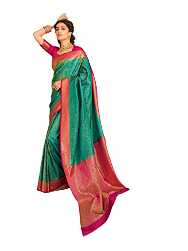 Sari Uncousu 8205 Banarsi traditionnel en soie verte pour femme chic