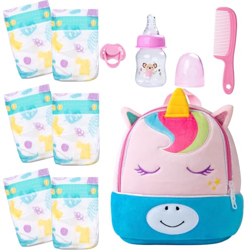 10 Pcs Reborn Baby Doll Diaper Bag Care and Feeding Set for 17-24 inches Reborn Dolls Accessories Newborn Baby Girl with Unicorn Backpack