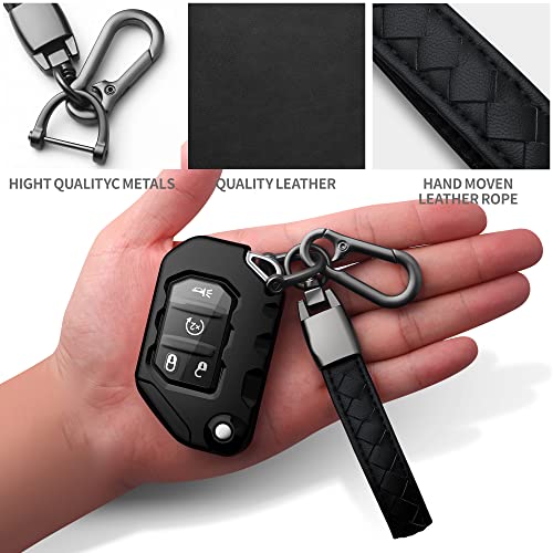 Image of Compatible with Jeep Key Fob Cover With Leather Keychain Soft TPU Protection Key Case for 2018-2026 Wrangler JL JLU Rubicon Wagoneer Gladiator JT Sahara JLU Remote Ke (Black)