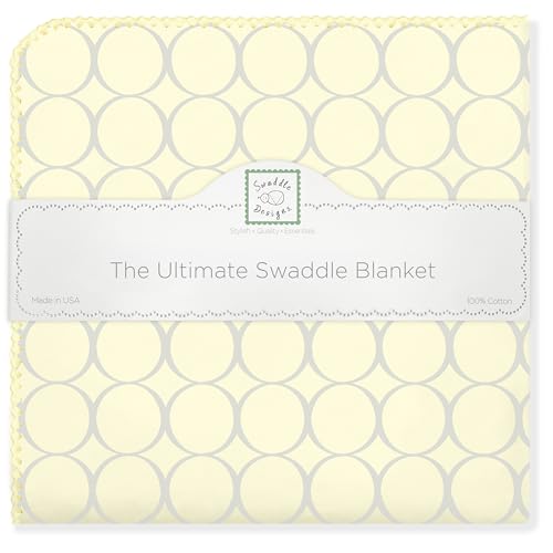 Image of SwaddleDesigns Large Receiving Blanket, Ultimate Swaddle for Baby Boys, Girls, Softest US Cotton Flannel, Best Shower Gift, Made in USA, Sterling Mod Circles on Sunwashed Yellow (Mom's Choice Award Winner)