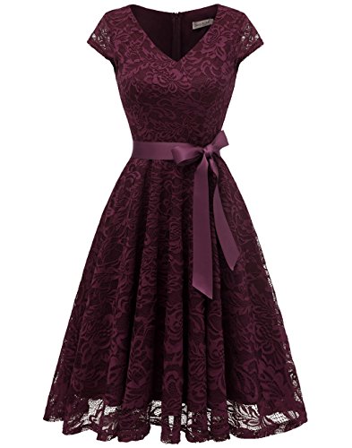 BeryLove Women s Floral Lace Short Bridesmaid Dress Cap Sleeve Cocktail Party Dress BLP7006BurgundyL