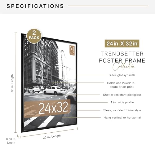 MCS Trendsetter 24x32 Poster Frame Black High-Gloss, Vertical & Horizontal Wall Hanging Large Picture Frame for Photos, Posters & Art Prints (2-Pack)